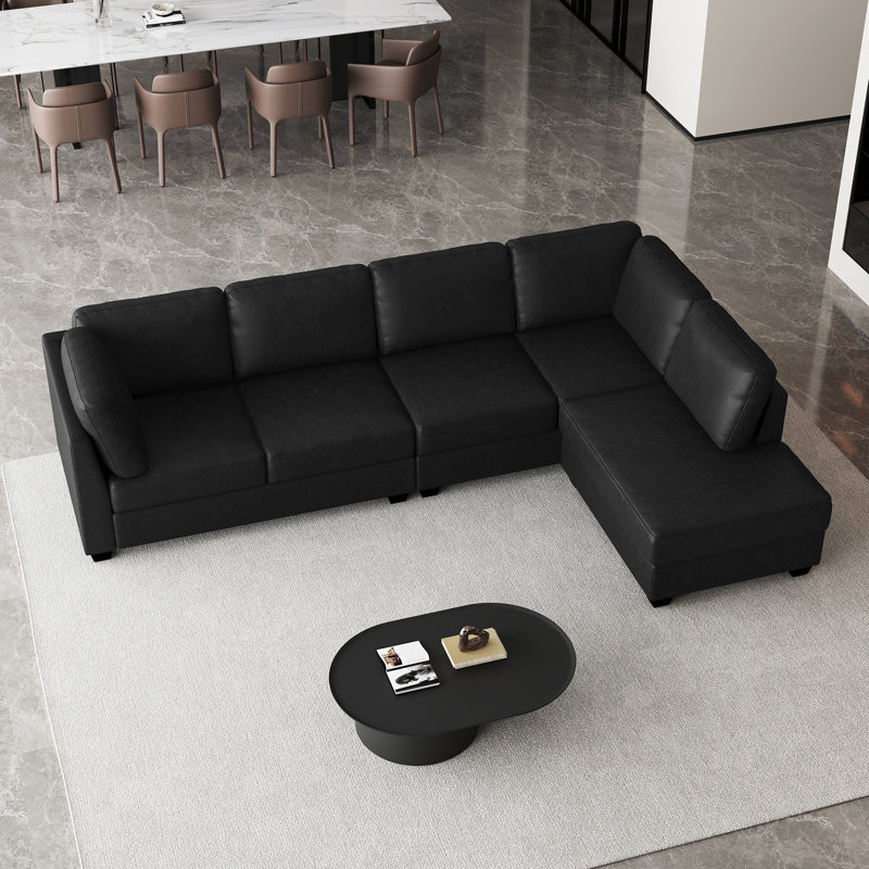 Canapé modulaire en L en similicuir, Similicuir noir, Orienté à droite