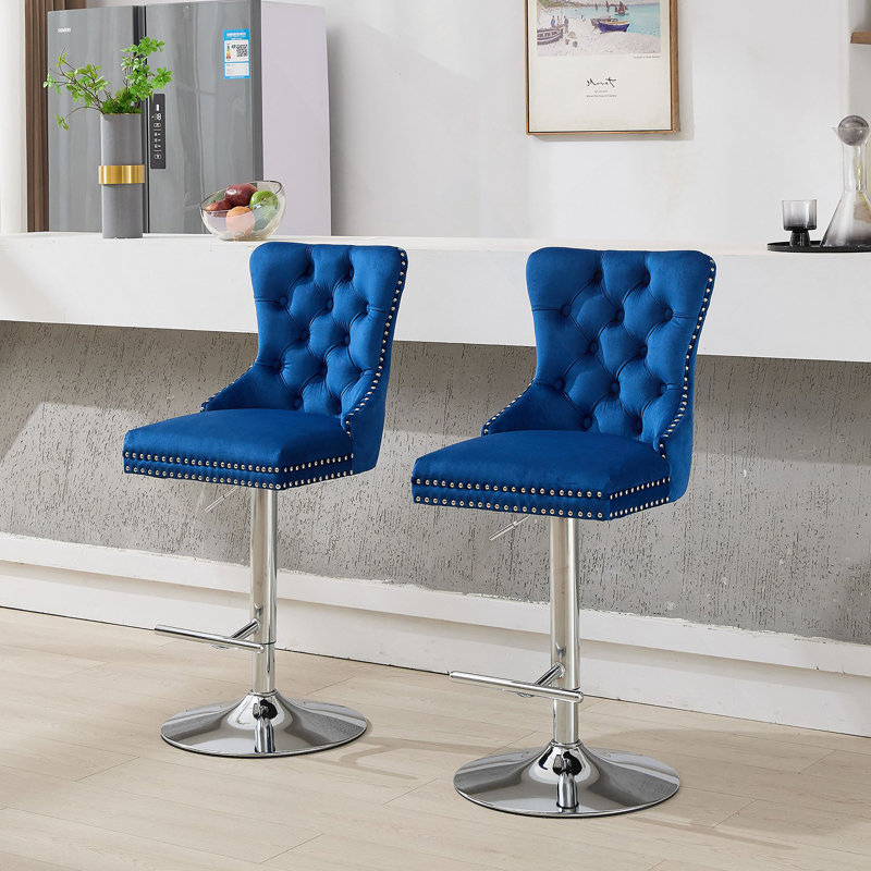 Tabourets de bar pivotants épais en velours chromé, hauteur réglable de 25 à 33 po, rembourrage moderne avec base de 17,7 po, boutons capitonnés et plis en losange, siège à éponge et à ressorts, pour bistro et îlot de cuisine (bleu, ensemble de 2)