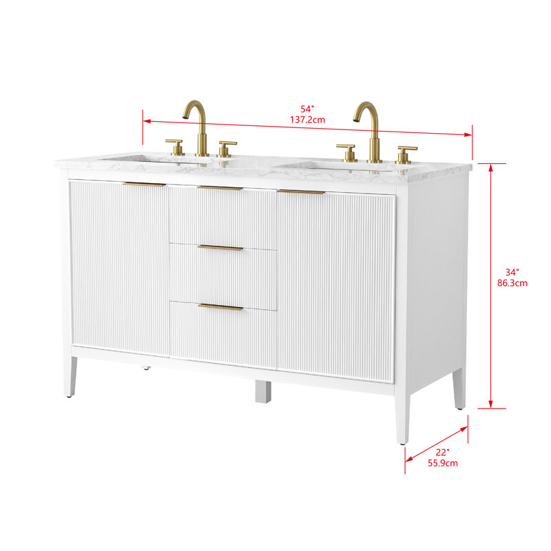 Emma 54" W Double Vanity, White/Brushed Bronze