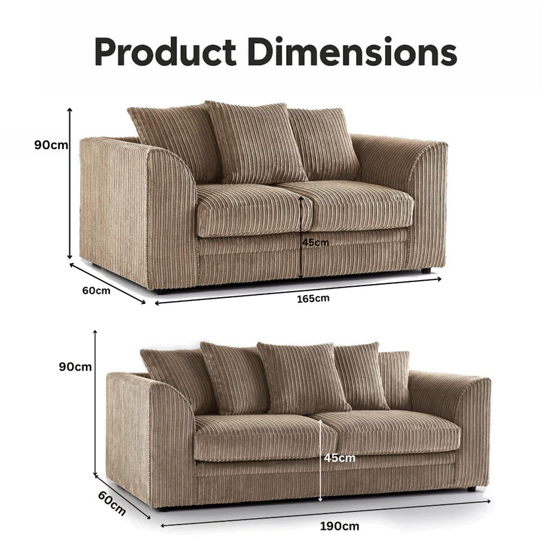 Two Piece 3 and 2 Seater Jumbo Cord Fabric Sofa Set, Coffee