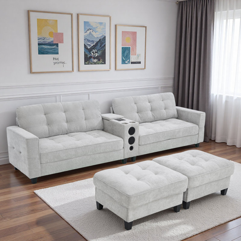 Modern U-shaped Sectional With Movable Storage Ottomans, Multifunctional Console, Bluetooth Speakers And Led Lights