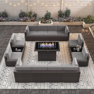  15 Piece Patio Furniture Set with Fire Pit Table, Outdoor Conversation Sets Wicker Rattan Sectional Sofa with Coffee Table