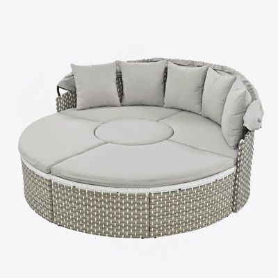 Patio Outdoor Sectional Sofa Set Rattan Daybed Two-Tone Weave Sunbed With Retractable Canopy