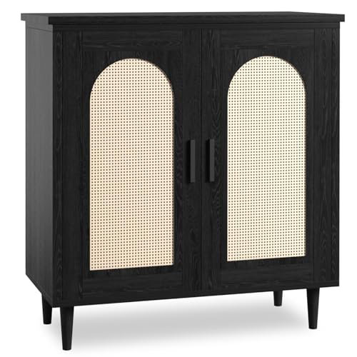 Rattan Buffet Cabinet with Storage, Sideboard Cabinet with 2 Doors and Adjustable Shelves, Black