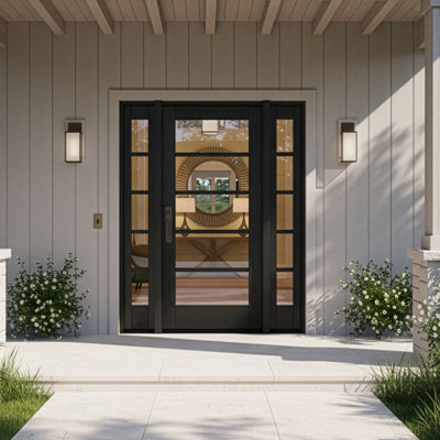 80" Single Door, + 2xSidelites RTA Prehung Exterior, SDL 5 Lite, Unfinished Mahogany Wood