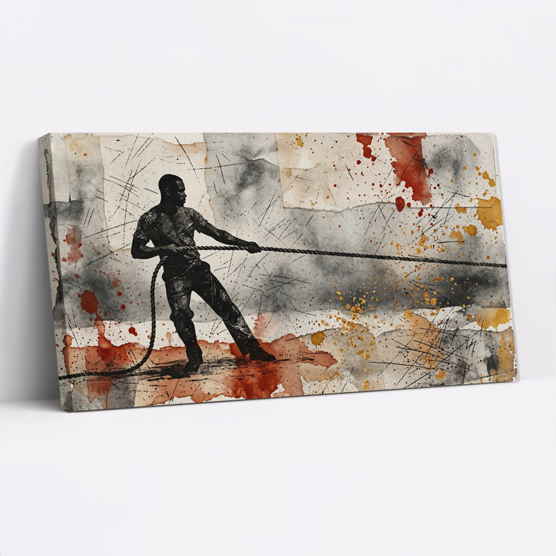 «Man Pulling Rope With Rust and Gold Splatter», art mural, L 32 po x H 16 po
