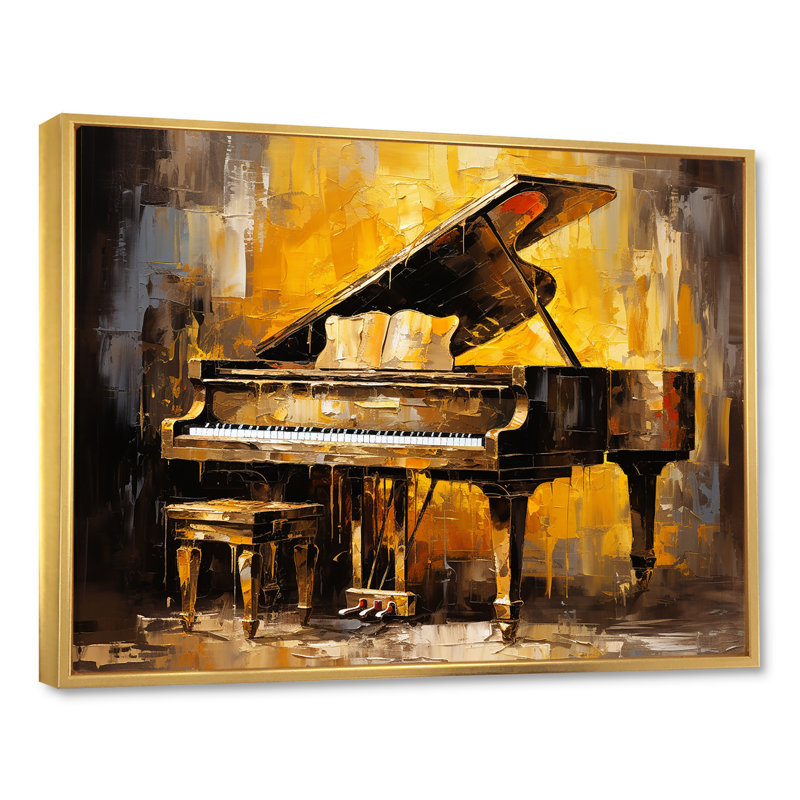 «Yellow and Black Piano Jazzed Keys II», impressions sur toile de piano, Cadre flottant doré, H 16 po x l 32 po x P 1 po