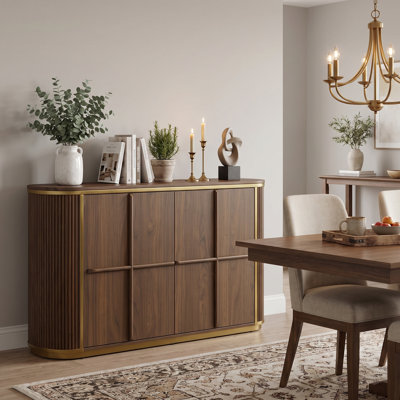 50" Mid-Century Modern Fluted Sideboard, Solid Wood Buffet Cabinet with Brushed Gold Stainless Steel Accents