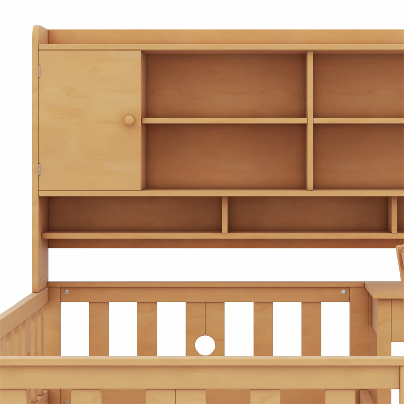 Multifunctional Wood Platform Bed With Bookshelf At The Head Of The Bed, Built-In Desk And Matching Chair