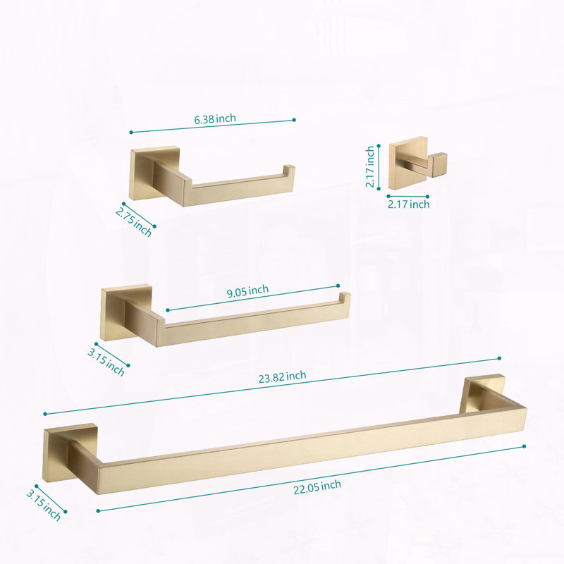 4-Piece Stainless Steel Bathroom Hardware Set, Brushed Gold