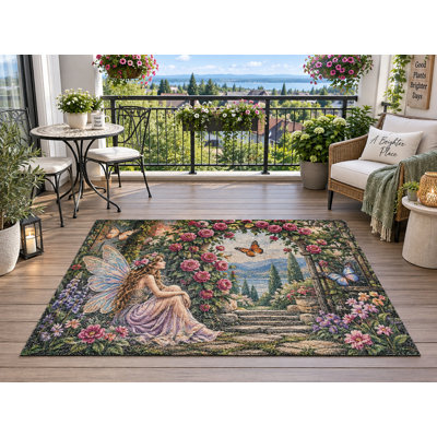 Tapis d'extérieur 152 x 213 cm (5' x 7') à motif de roses, de fées et de papillons, en PVC épais, imperméable et bouclé, idéal pour terrasse, balcon, entrée, VR ou autre espace extérieur. Séchage rapide.