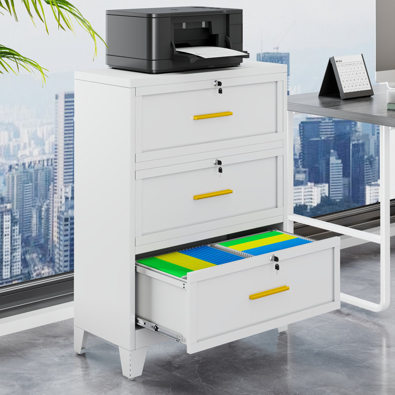 3 Drawer Metal Lateral Office File Storage Cabinet with Lock, 3-Drawer White