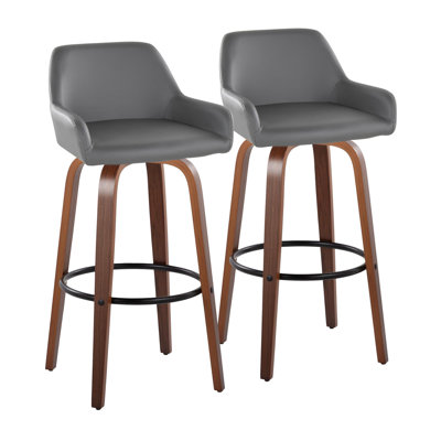Tabouret de bar pivotant contemporain à hauteur fixe de 76 cm (30 po) avec pieds en bois de noyer et assise en similicuir gris - Ensemble de 2