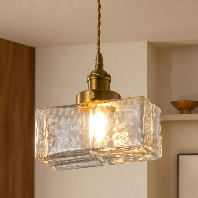 1-Square transparent textured glass dimmable pendant light