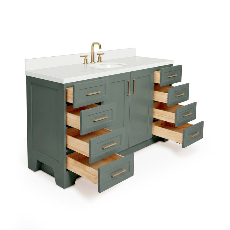 61 IN.  Single Bathroom Vanity, Oval, White Quartz, Vintage Green