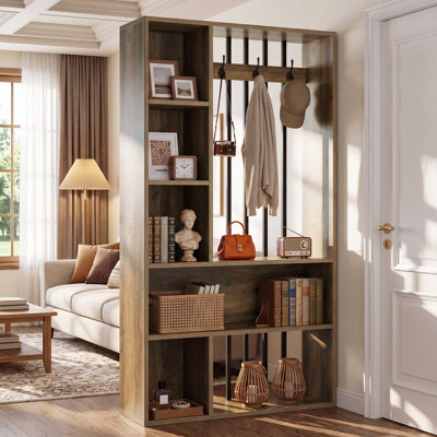 71" Wood Room Divider with Shelves & Coat Hooks, Wood Freestanding Room Divider Bookcase LED Light, Brown