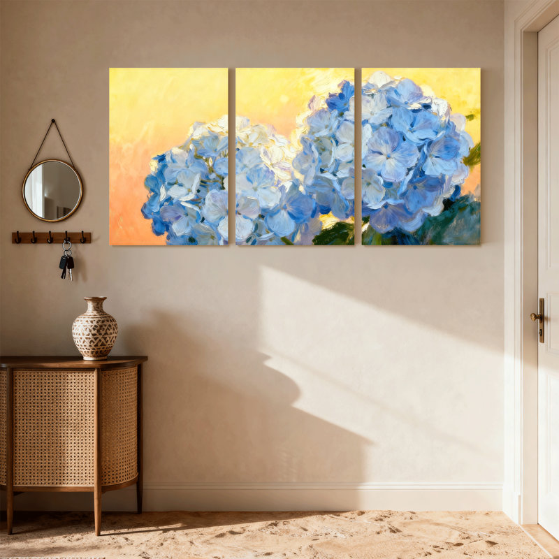 Fleurs d'hortensia sur fond, ensemble de 3 impressions sur toile, H 24 po x l 48 po