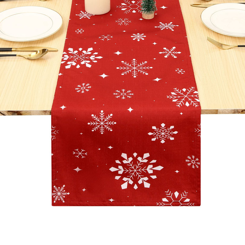 Waterproof Snowflake Table Runner - Double-Sided Washable Polyester - Festive Red Christmas Table Decor - Easy Clean for Kitchen, Coffee Table - 13 x 54 in