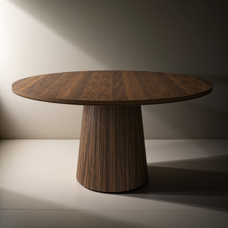 47 Inch Round Mdf Dining Table For 4, Modern Farmhouse Kitchen Table With Wood Strip Base, Walnut Finish Circle Table For Kitchen And Living Room