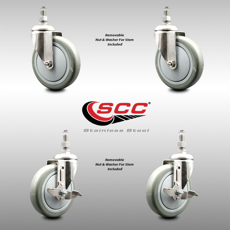 316SS Polyurethane Swivel Threaded Stem Caster Set 2 Brakes