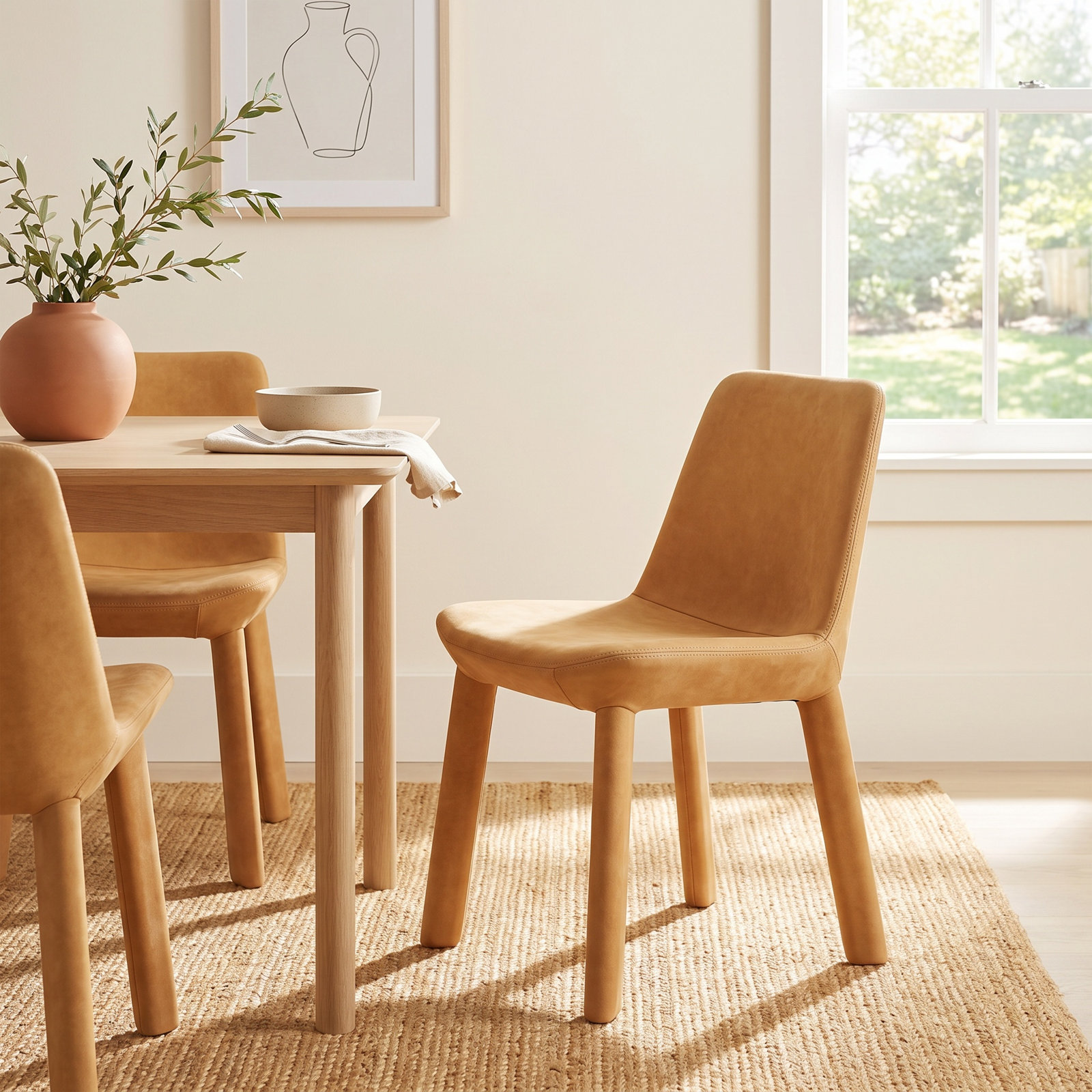 Neat Genuine Leather Dining Chair, Camel Genuine Leather