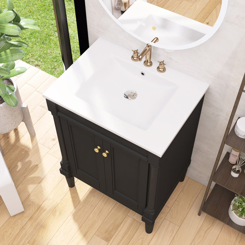 Meuble-lavabo de style rétro avec porte à fermeture en douceur et lavabo en céramique, Black