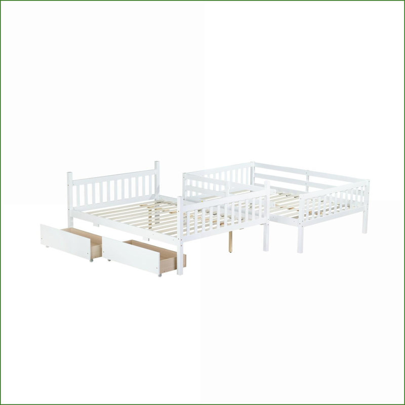 Lit superposé double en bois d'hévéa double - convertible en 2 lits, 2 tiroirs de rangement, aucun sommier nécessaire, blanc