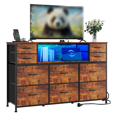 LED TV Stand Dresser with Charging Station - 10 Fabric Drawers, Wood Top, Open Shelves, Storage Cabinet for 40-55 Inch TVs, Bedroom, Living Room, Hallway, Brown