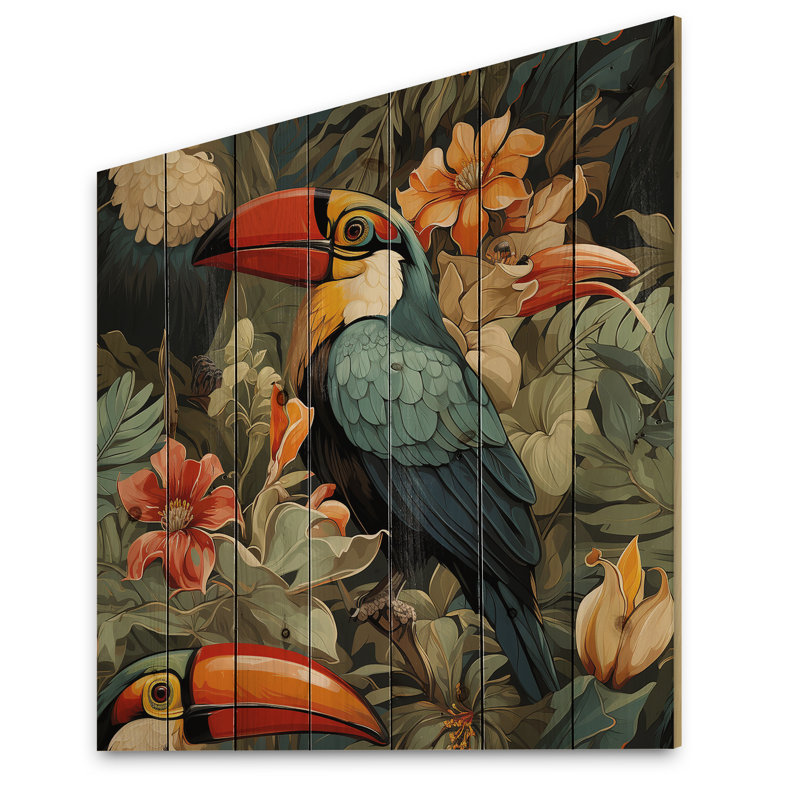 Toucan, tapisserie, motif tropical - art mural floral sur bois de pin naturel, H 30 po x l 30 po