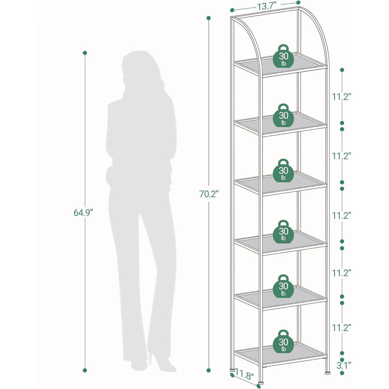 Gold Arched 6-Tier Steel and Glass Bookshelf
