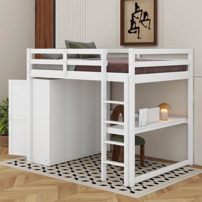 Lit mezzanine en bois pleine grandeur avec garde-robe intégrée, bureau, tiroirs et tablettes de rangement