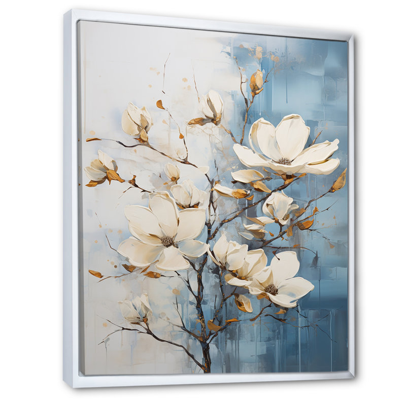 Bleu et bleu peint Magnolias IV - impression, Cadre flottant blanc, 32" H x 24" W