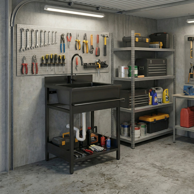 Évier utilitaire autoportant 35 po en acier inoxydable avec robinet coulissant chaud / froid, lavabos robustes pour salle de lavage, garage, atelier, serre, soins pour animaux de compagnie