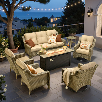 Emanuell 7 - Person Wicker Outdoor Conversation Set, Patio Sofa & Swivel Chair Set with Fire Pit and Cushions