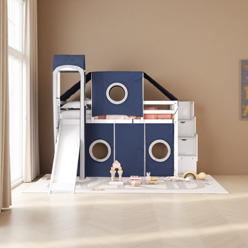Lit mezzanine avec tente et tour, Bleu, Lit double