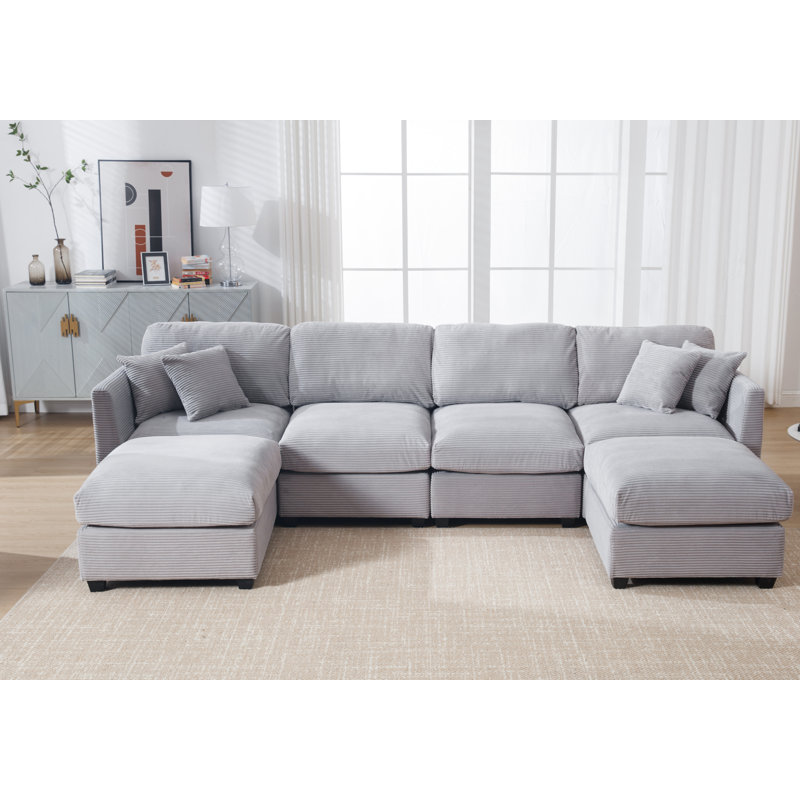 Bustamante Corduroy 6-Seat U-Shaped Modular Sectional, Light Gray