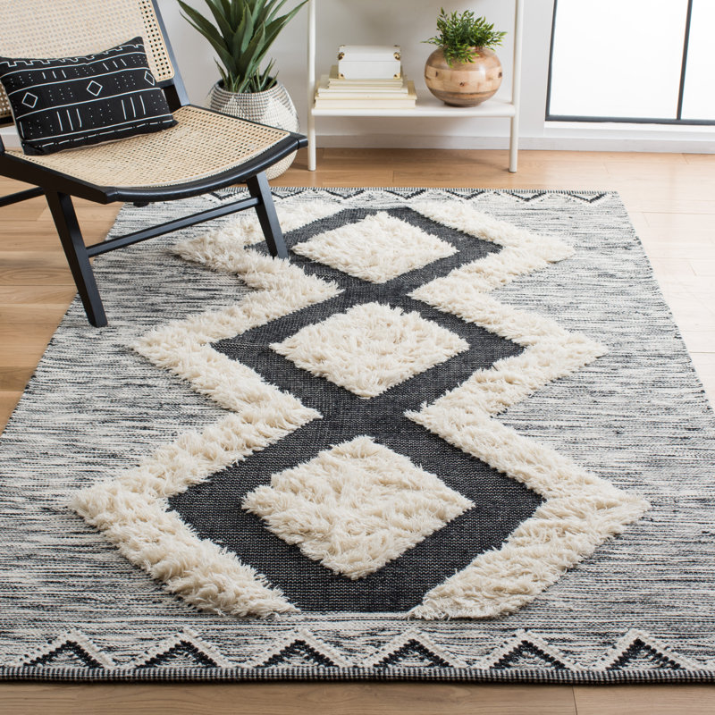 Tapis en laine / coton tissé à la main Kenya en noir / ivoire, Rectangle 8 pi x 10 pi