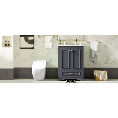 Ensemble de meuble-lavabo 24 po avec lavabo en céramique, armoire de rangement autoportante moderne avec poignées argentées, portes à fermeture douce