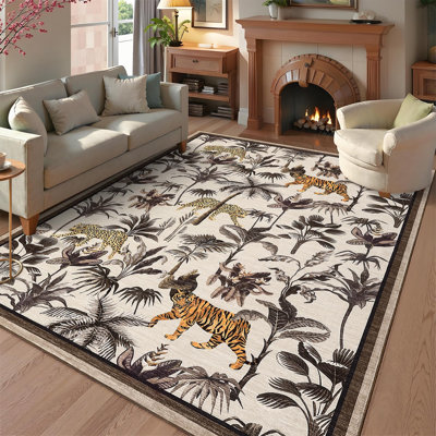 Tapis lavable Tropical Léopard beige, 3 x 4 m, idéal pour le salon, la chambre ou la salle à manger. Doux, imitation laine à poils courts, pliable, avec envers antidérapant en TPR, résistant aux taches et facile d'entretien.