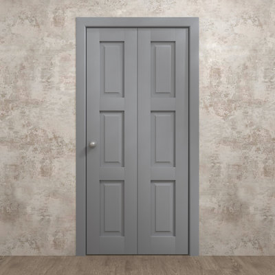 Sliding Closet Bi-fold Doors 48 x 80 inches Ego 5010 Painted Grey Oak Sturdy Tracks Moldings Trims Hardware Set Wood Solid Bedroom Wardrobe Doors