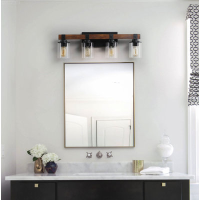 4-Light Modern Farmhouse Bathroom Vanity Light, Clear Glass Shades with Solid Wood Light Pole, Black Finish