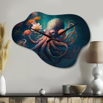 Octopus In The Ocean With Flowers III - Coastal Asymmetrical Metal Wall Clock, Orange Unique Shape Clock Print
