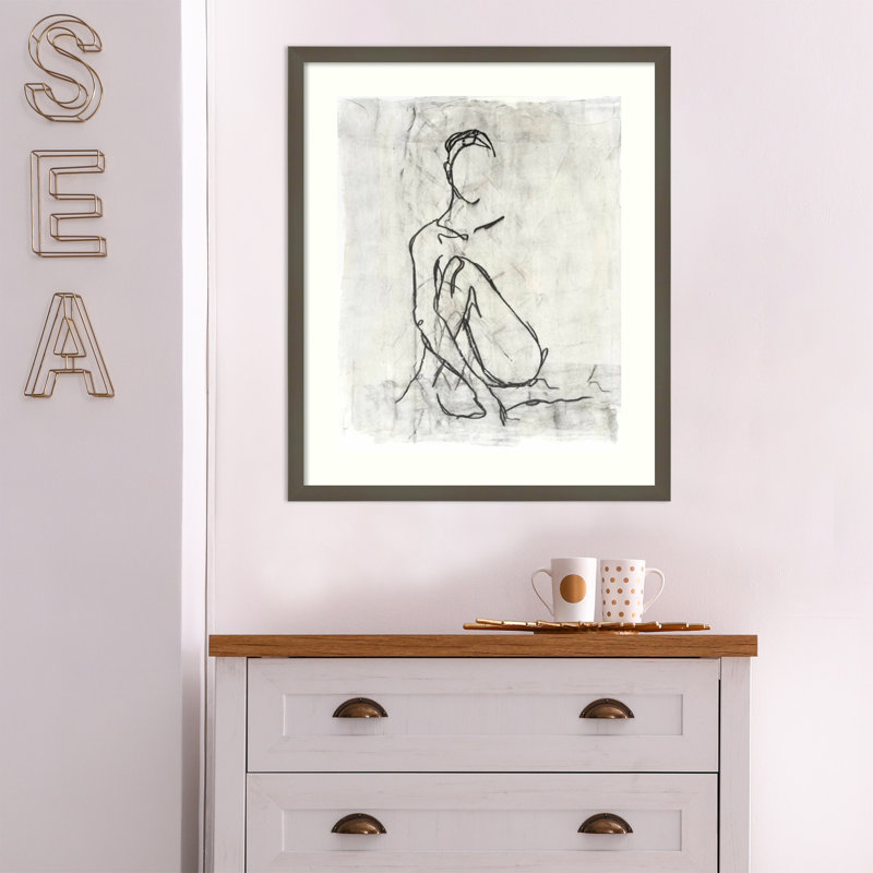 Embellished Nude Contour Sketch II by Ethan Harper, 37" H x 31" W, Gray Framed Paper