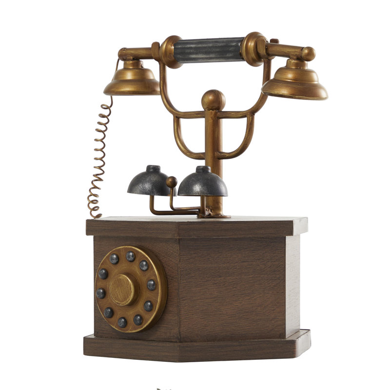 Aranea Wooden Antique Style Copper Telephone with Brown Wooden Base