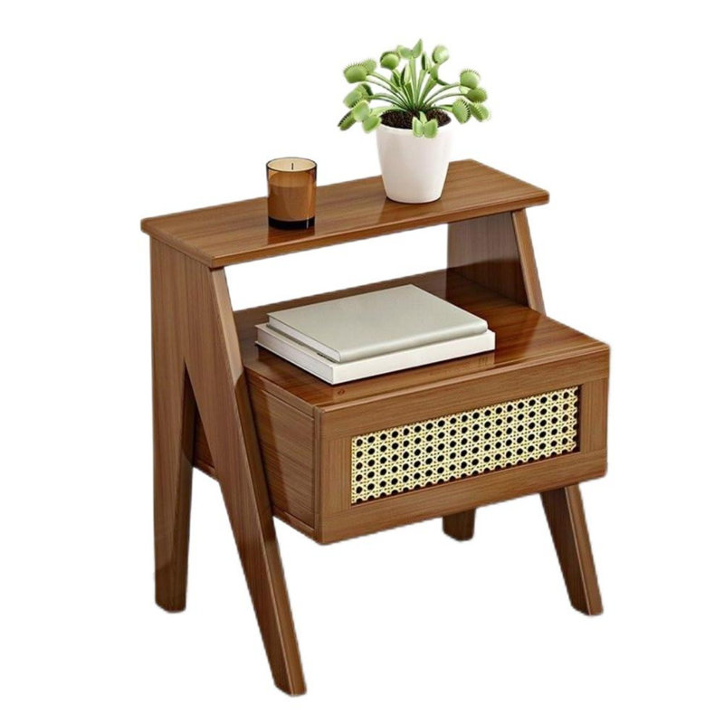 Table de chevet moderne en bambou avec grille en rotin ABS, pieds en bois massif et compartiment de rangement ouvert, Brun
