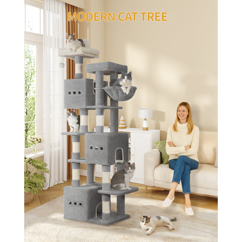 193 cm Cat Tree, Large Cat Tower for Indoor Cats, Multi-Level Cats House Furniture with 2 Platforms, 3 Condos, 7 Scratching Posts, 1 Basket, 3 Caves, Pompoms