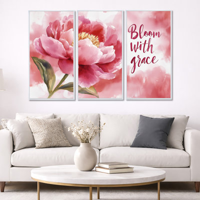 Bloom With Grace Wall Art, Motivational Quote Canvas - Bloom With Grace Motivation 3 Piece Framed Canvas Wall Art Set Modern Inspirational Decor