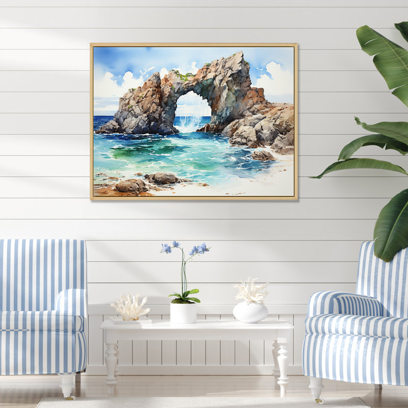 Coastal Rock Arch Beach 2 - Vagues côtières, art mural, H 34 po x l 44 po x P 1,5 po, Cadre flottant brun
