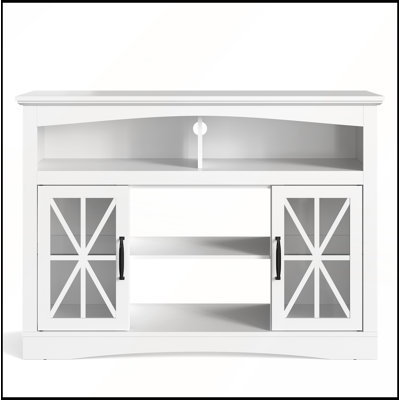 Meuble télé de 119 cm (47 pouces) de style ferme avec étagères réglables, portes vitrées, éclairage DEL et rangements.