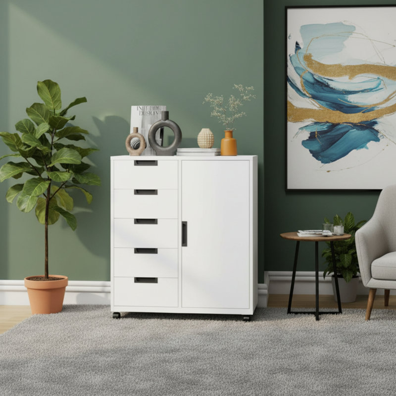 5-Drawer Metal Office Storage Cabinet (White), Mobile Version With Printer Stand, Suitable For Home Storage, White